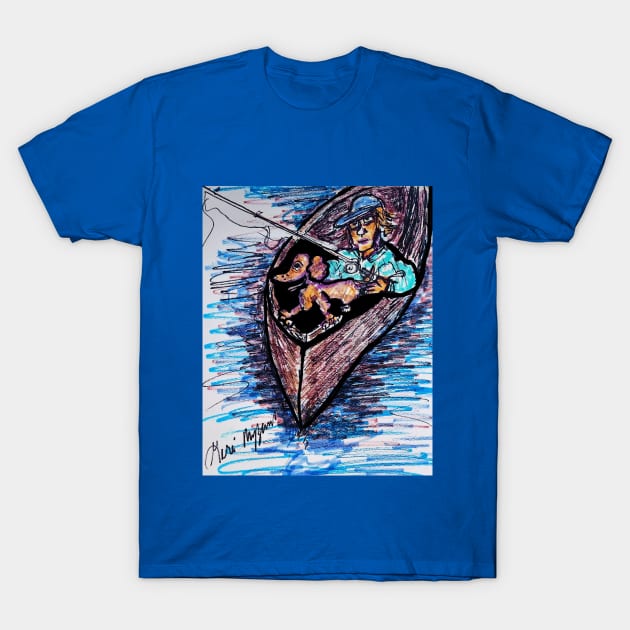 Fishing with my dog on a canoe T-Shirt by TheArtQueenOfMichigan 